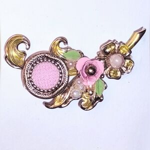 Vintage Pink & Pearl Floral Leaf Brooch Modified